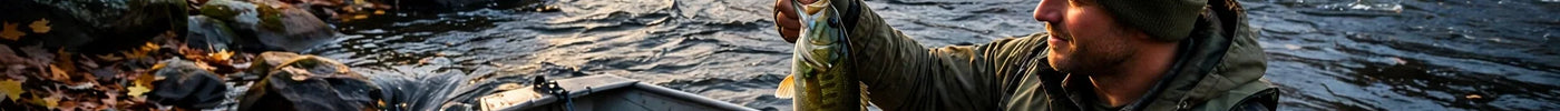 Angler holding a smallmouth bass in a boat beside a rocky river current break at golden hour in late fall