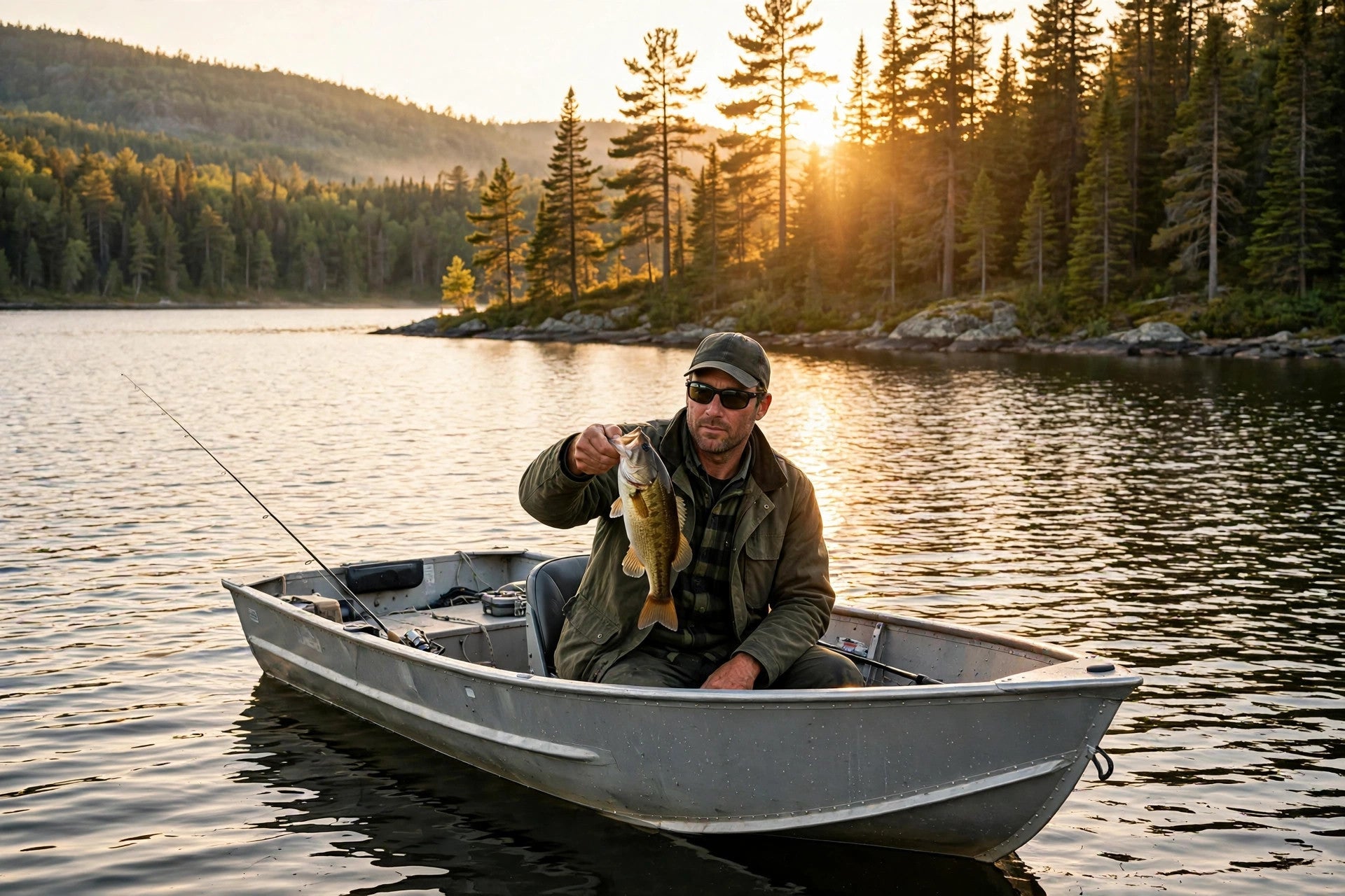 Angler in a small boat holding a smallmouth bass on a northern lake at golden hour