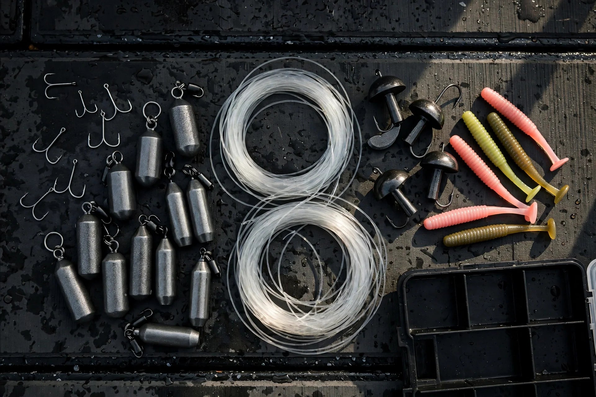 Drop shot hooks, tungsten weights, ned rig jigheads and soft plastics laid out on a dark boat deck