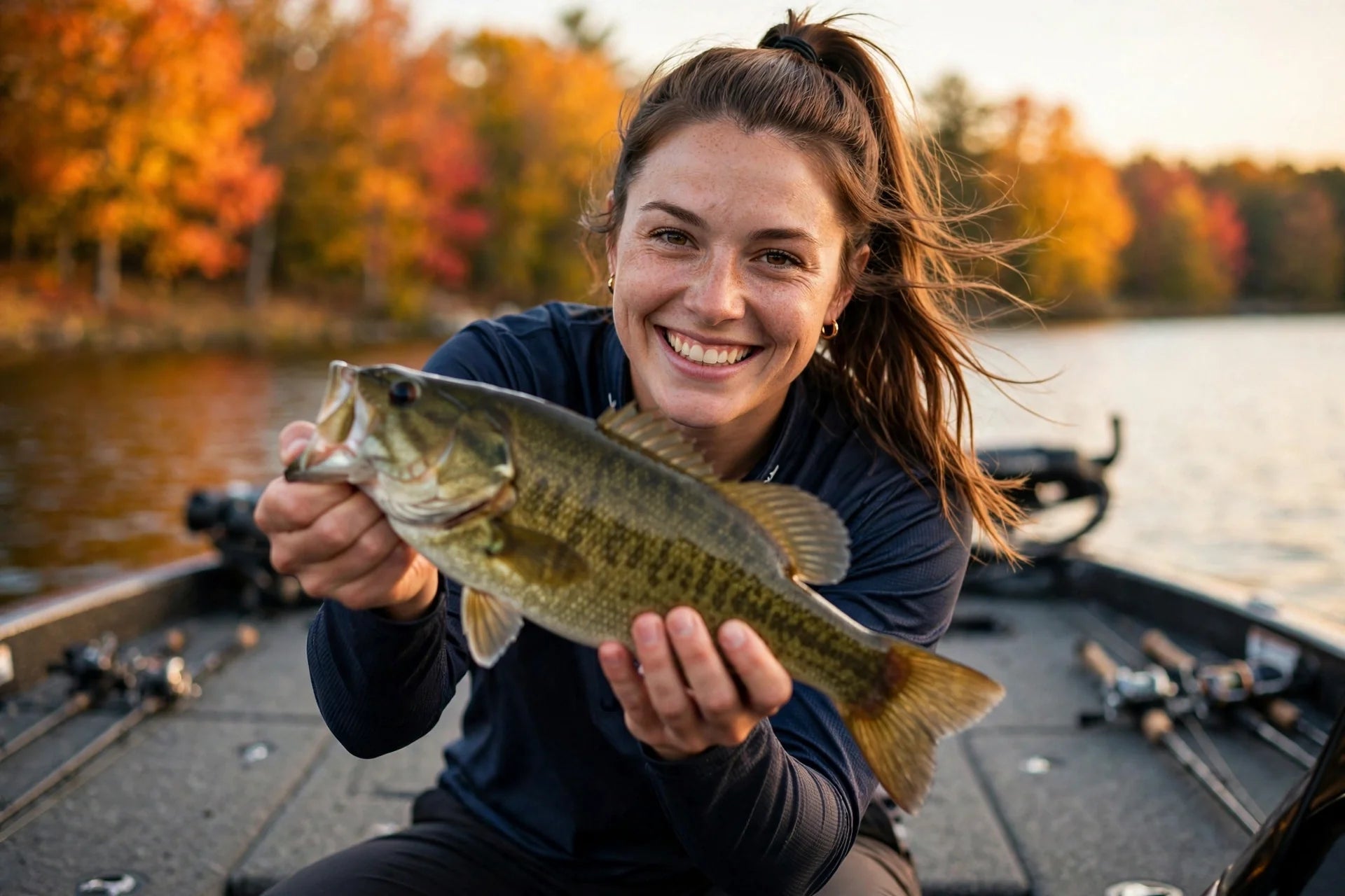Angler holding a smallmouth bass on a boat at sunset in fall