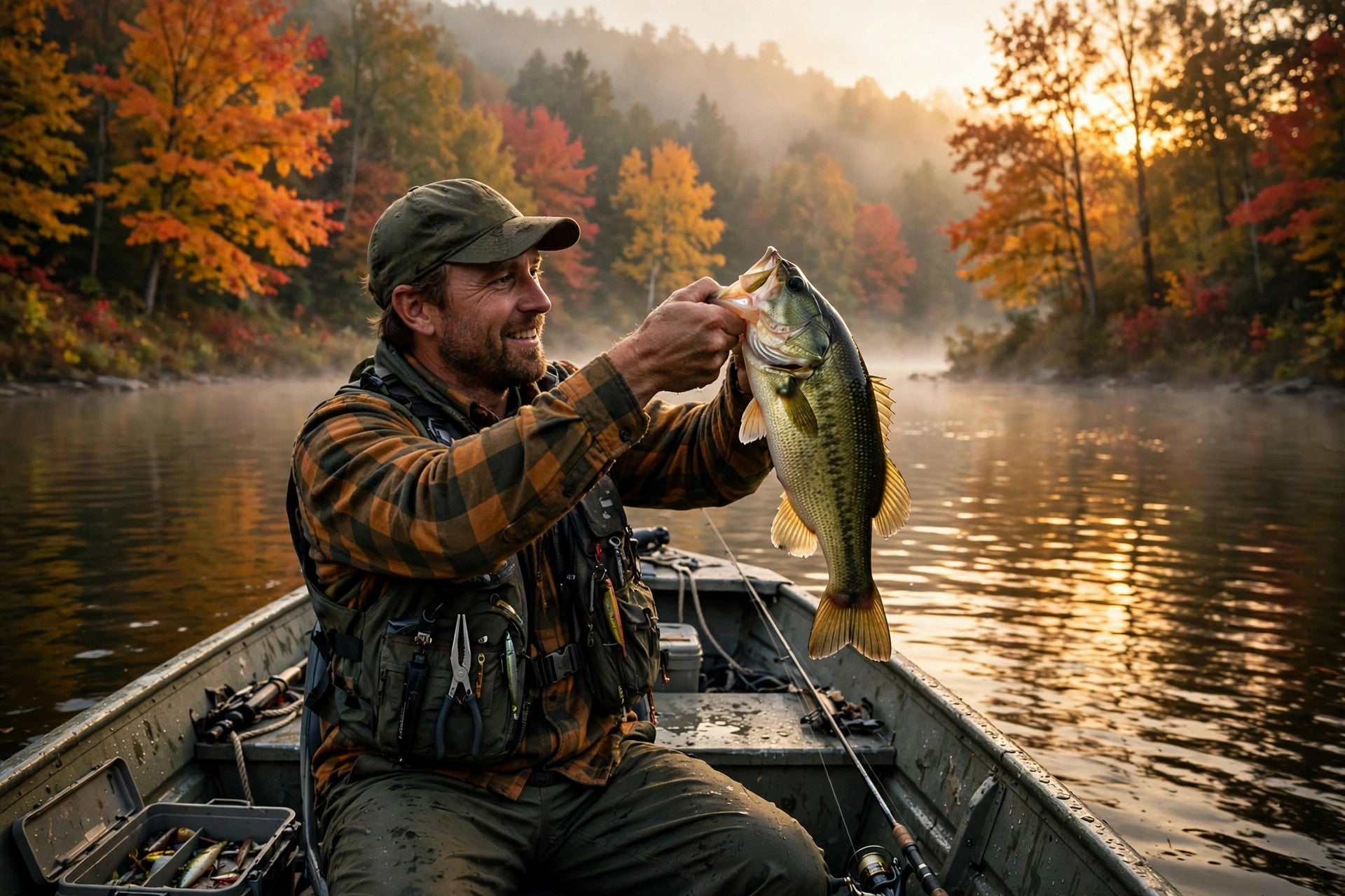 Angler holding a largemouth bass on a misty Ontario lake at golden hour in autumn