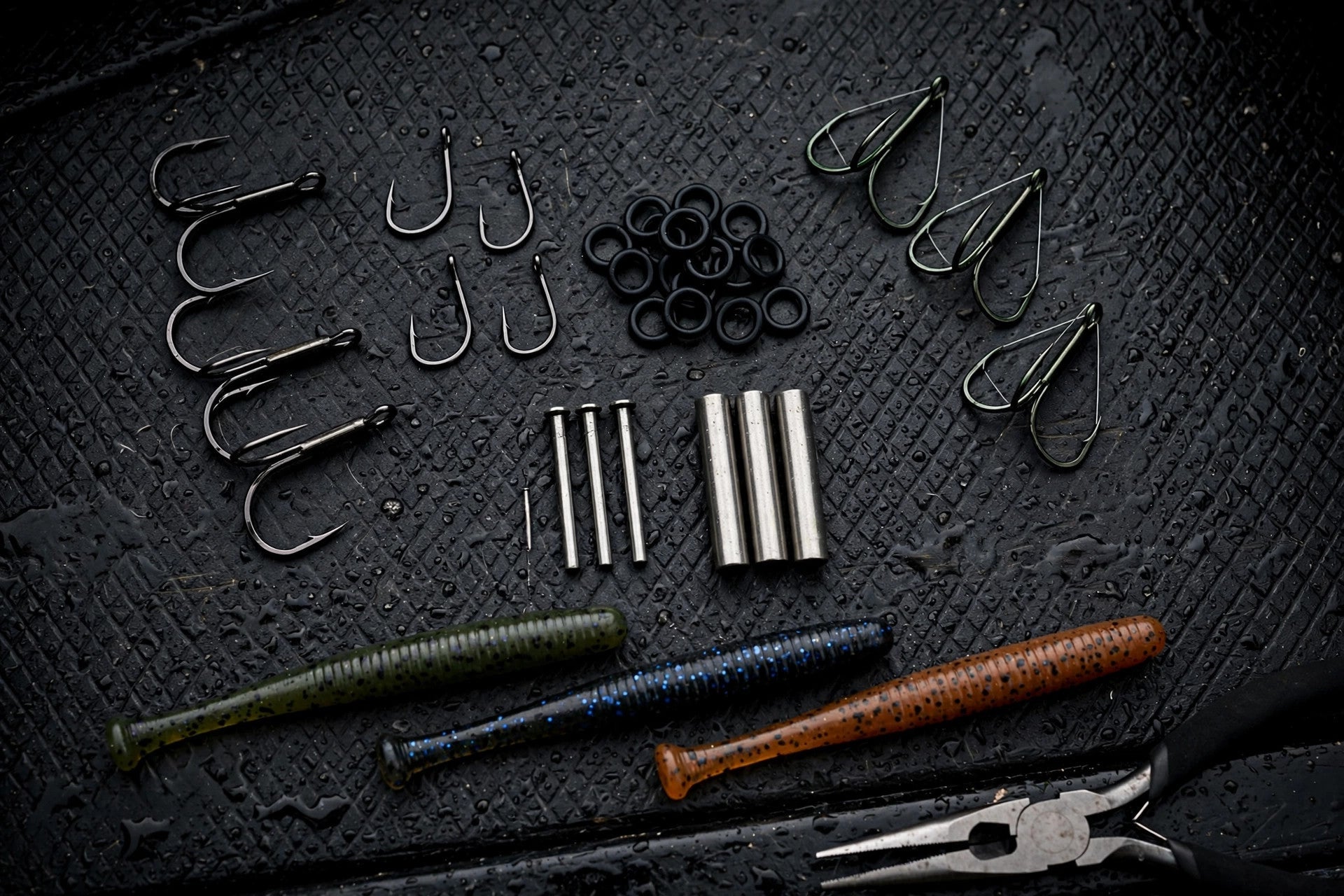 Flat-lay of wacky and neko rig hooks, O-rings, nail weights and stick worms on a dark boat deck