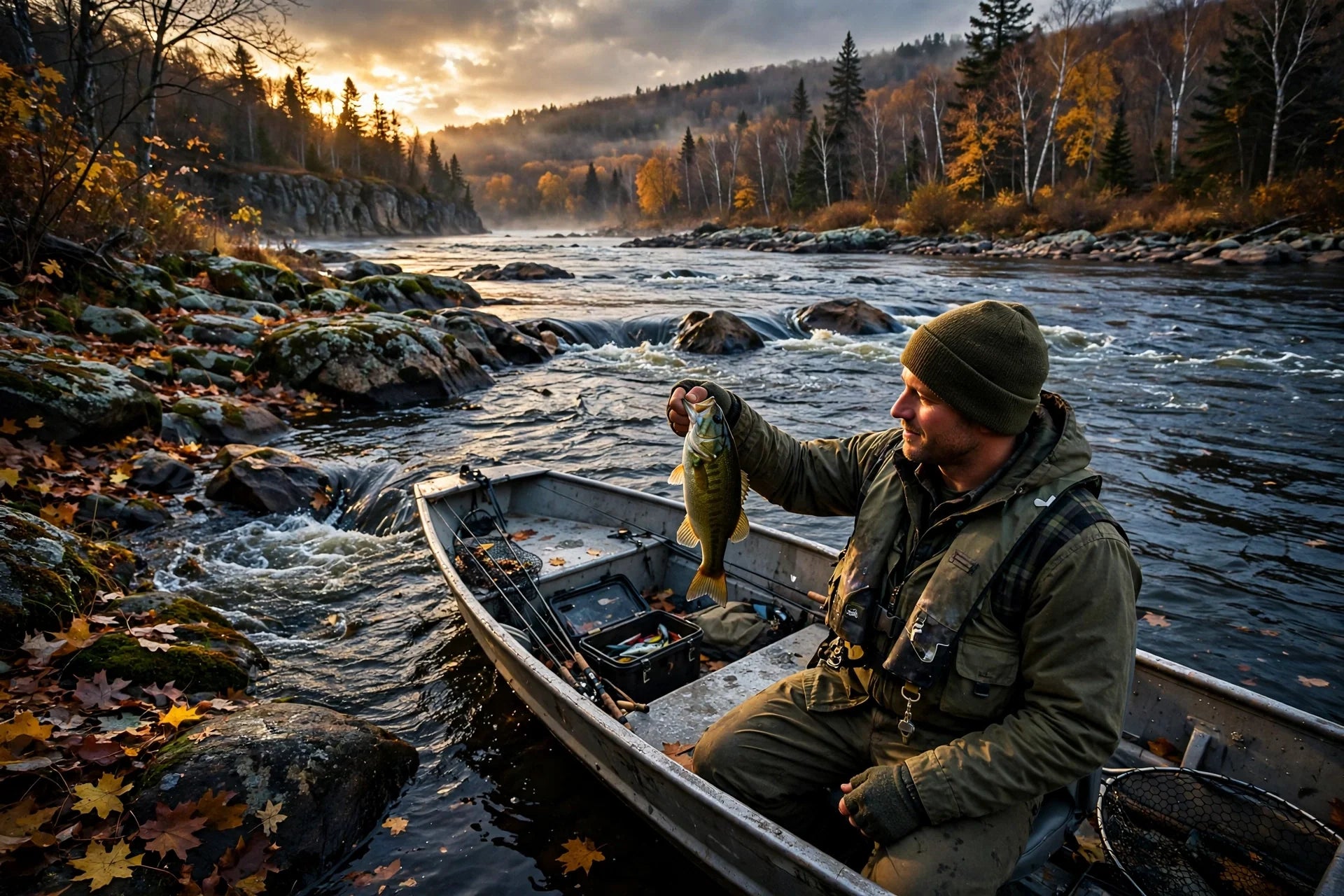 Angler holding a smallmouth bass in a boat beside a rocky river current break at golden hour in late fall