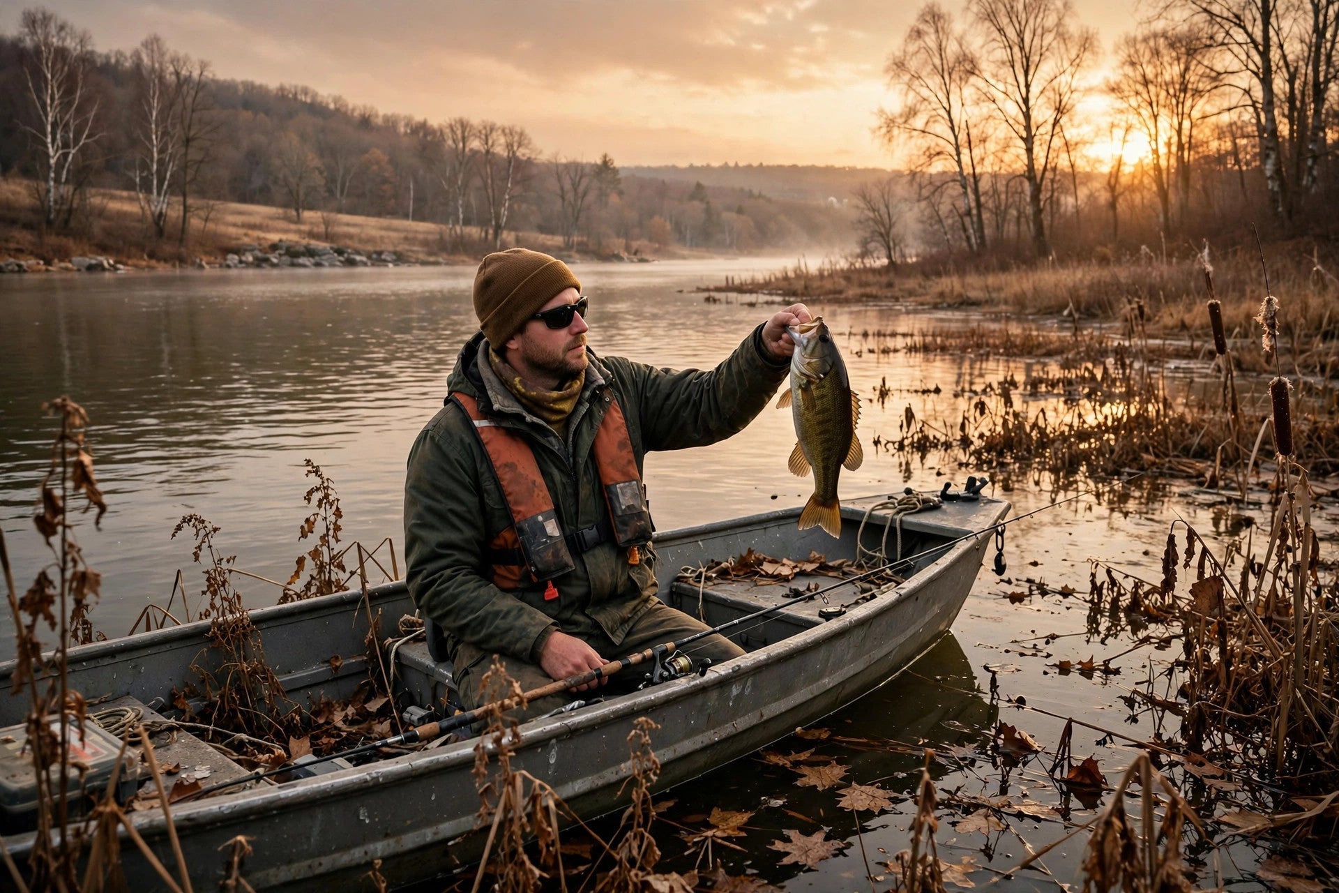 Angler holding a smallmouth bass in a boat beside dying weed edges at golden hour on an Ontario lake in late fall