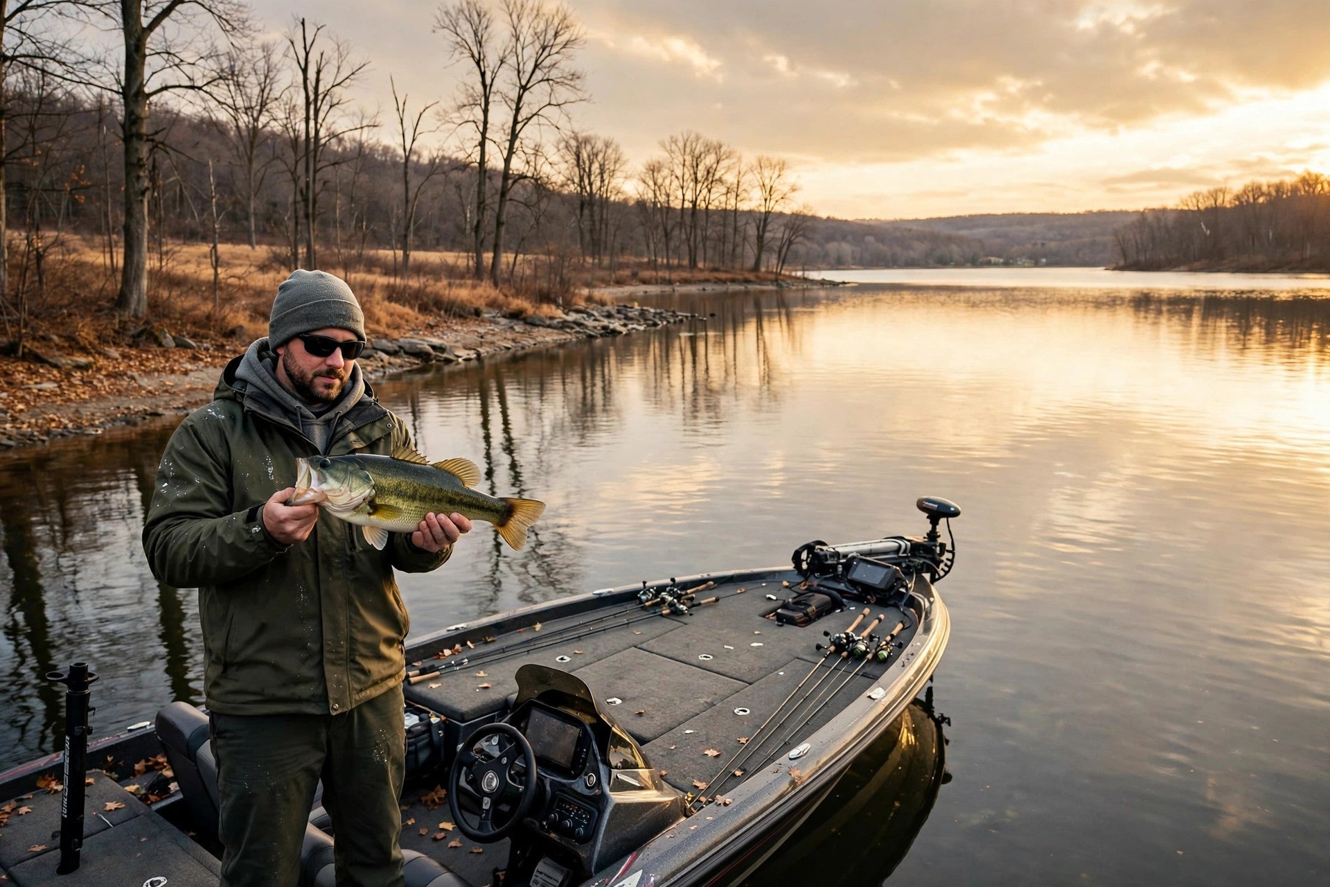 Angler holding a bass on a boat on a late-fall Ontario lake at golden hour