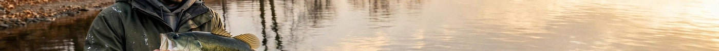 Angler holding a bass on a boat on a late-fall Ontario lake at golden hour