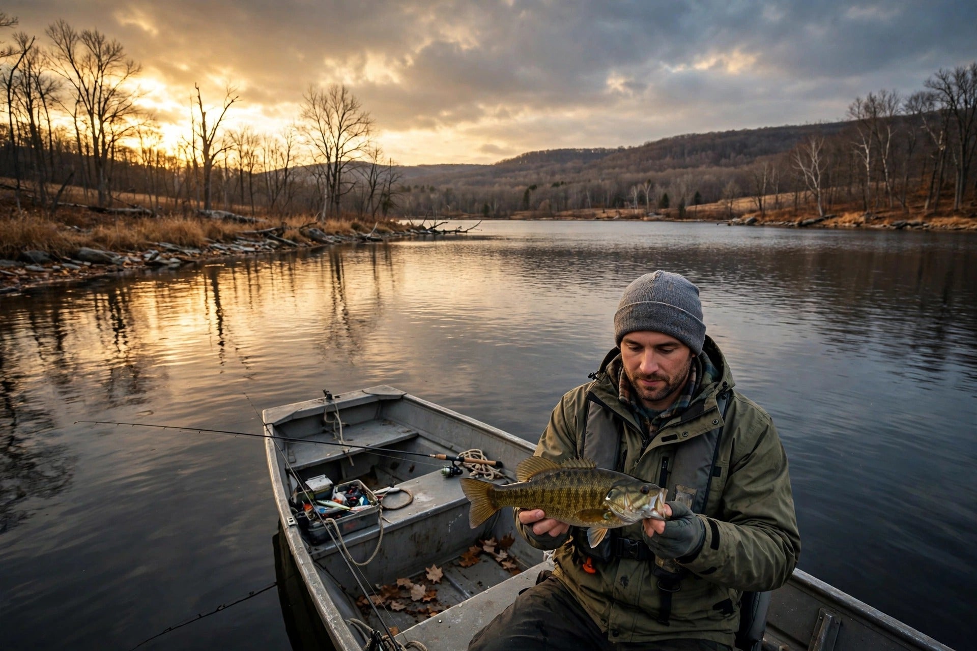 Angler holding a smallmouth bass on a late-fall Ontario lake at golden hour