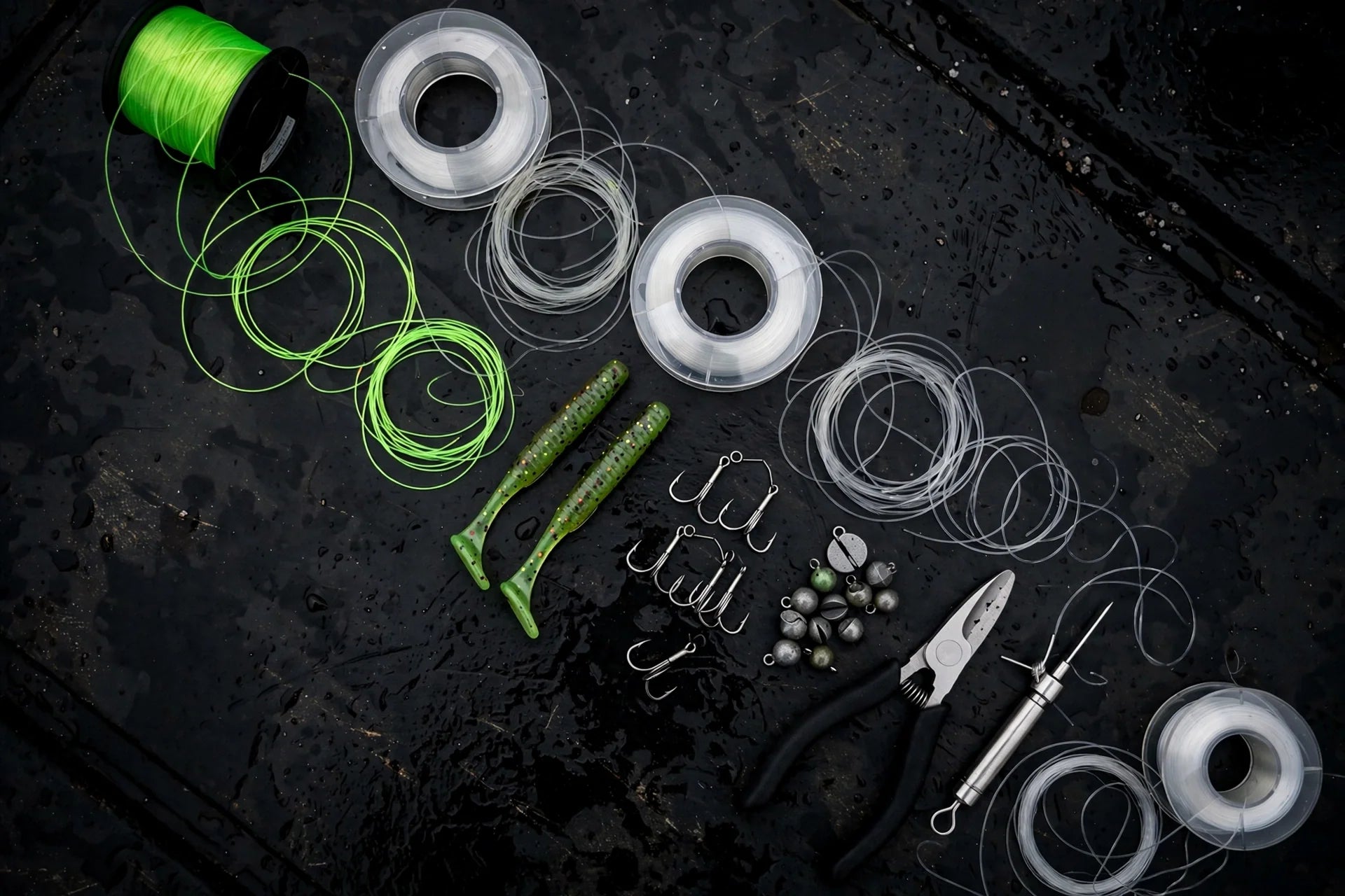 Fishing line spools, soft plastic stick worms, hooks and weights laid out on a dark boat deck