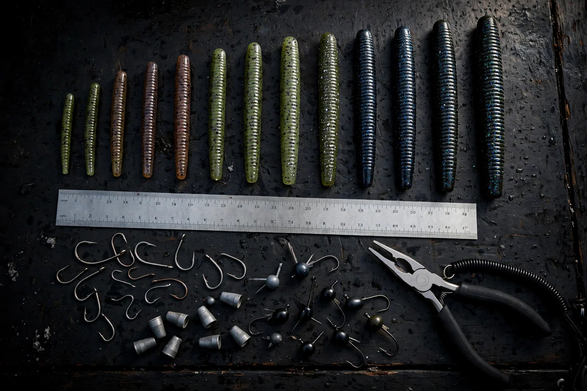 Soft plastic stick worms in graduated sizes with a ruler, hooks, weights, and pliers on a dark boat deck
