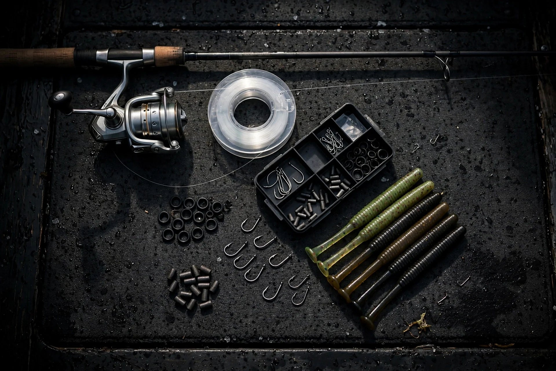 Top-down flat-lay of deadstick tackle on a dark boat deck: spinning rod, fluorocarbon line, wacky hooks, nail weights and soft plastic stick worms