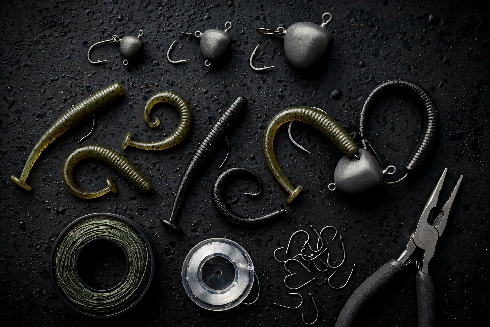 Flat-lay of deep-water Ned rig tackle: mushroom jig heads, finesse worms, braided line and pliers on a dark boat deck
