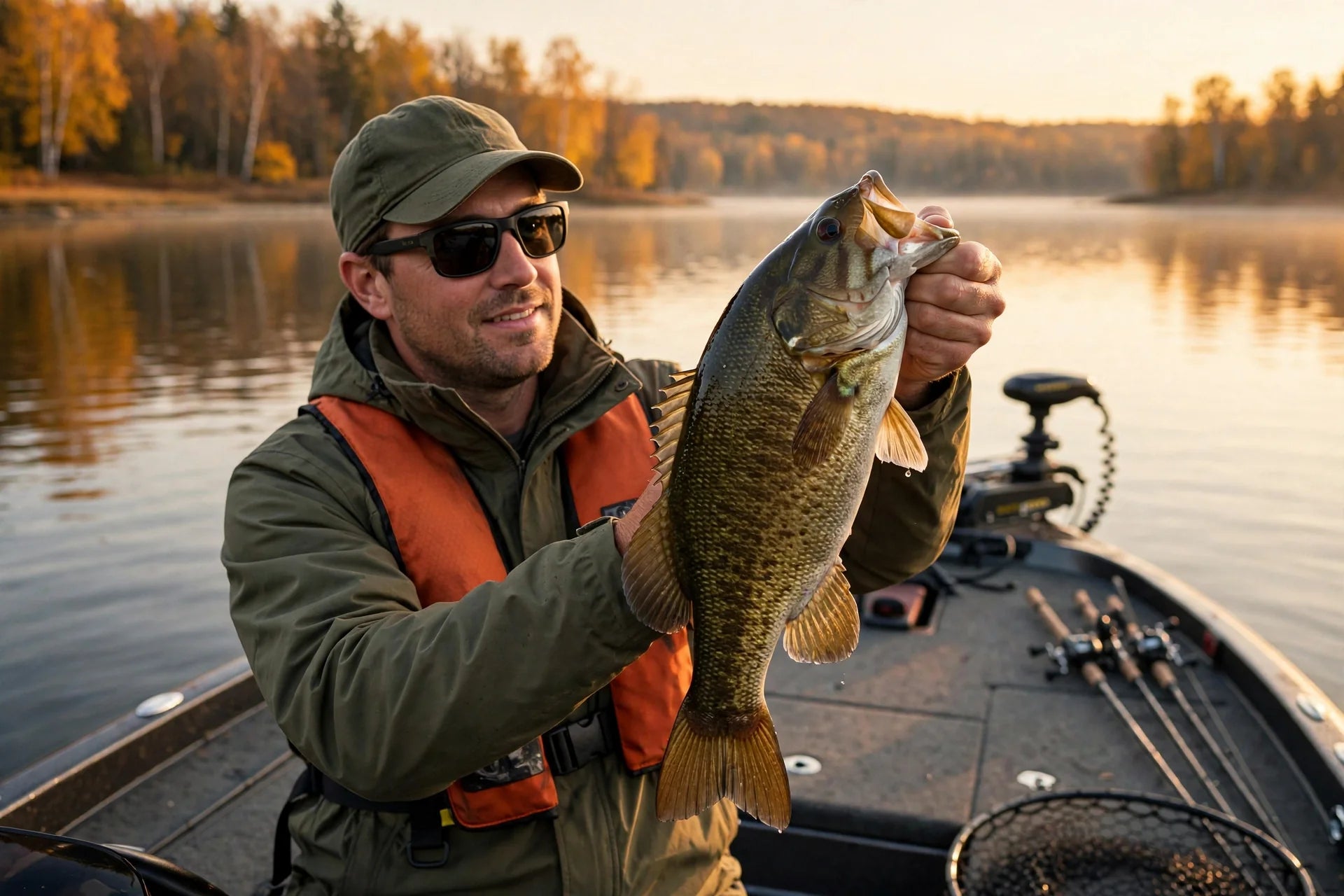 Angler holding a fall smallmouth bass at golden hour on an Ontario lake