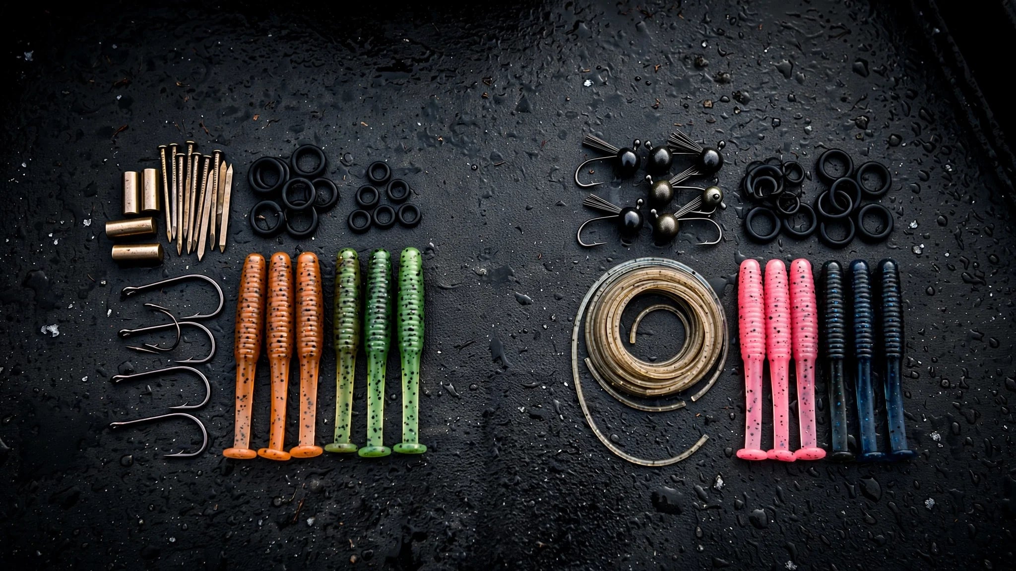 Neko rig vs wacky rig tackle flat lay