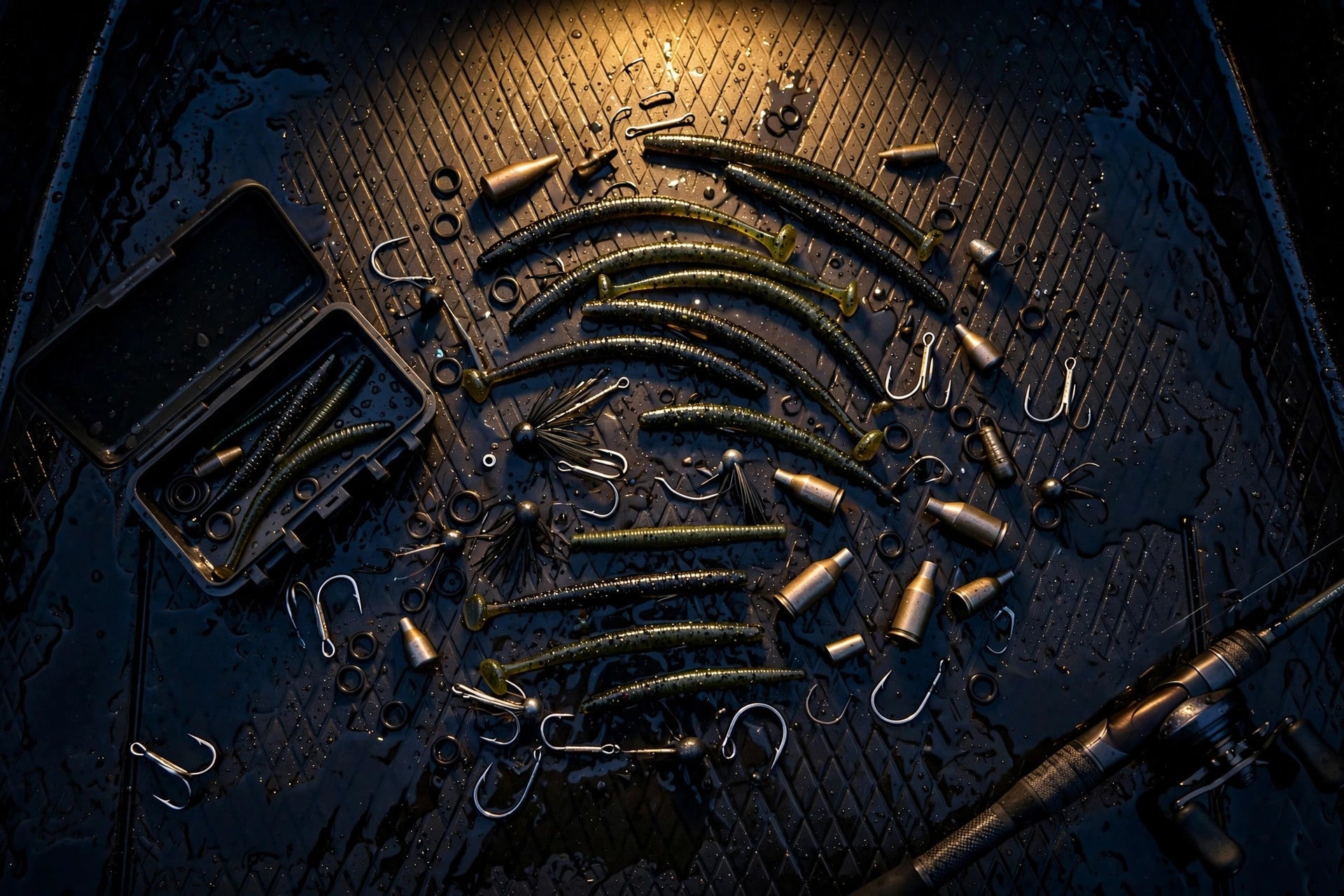 Night fishing tackle flat lay on a dark boat deck