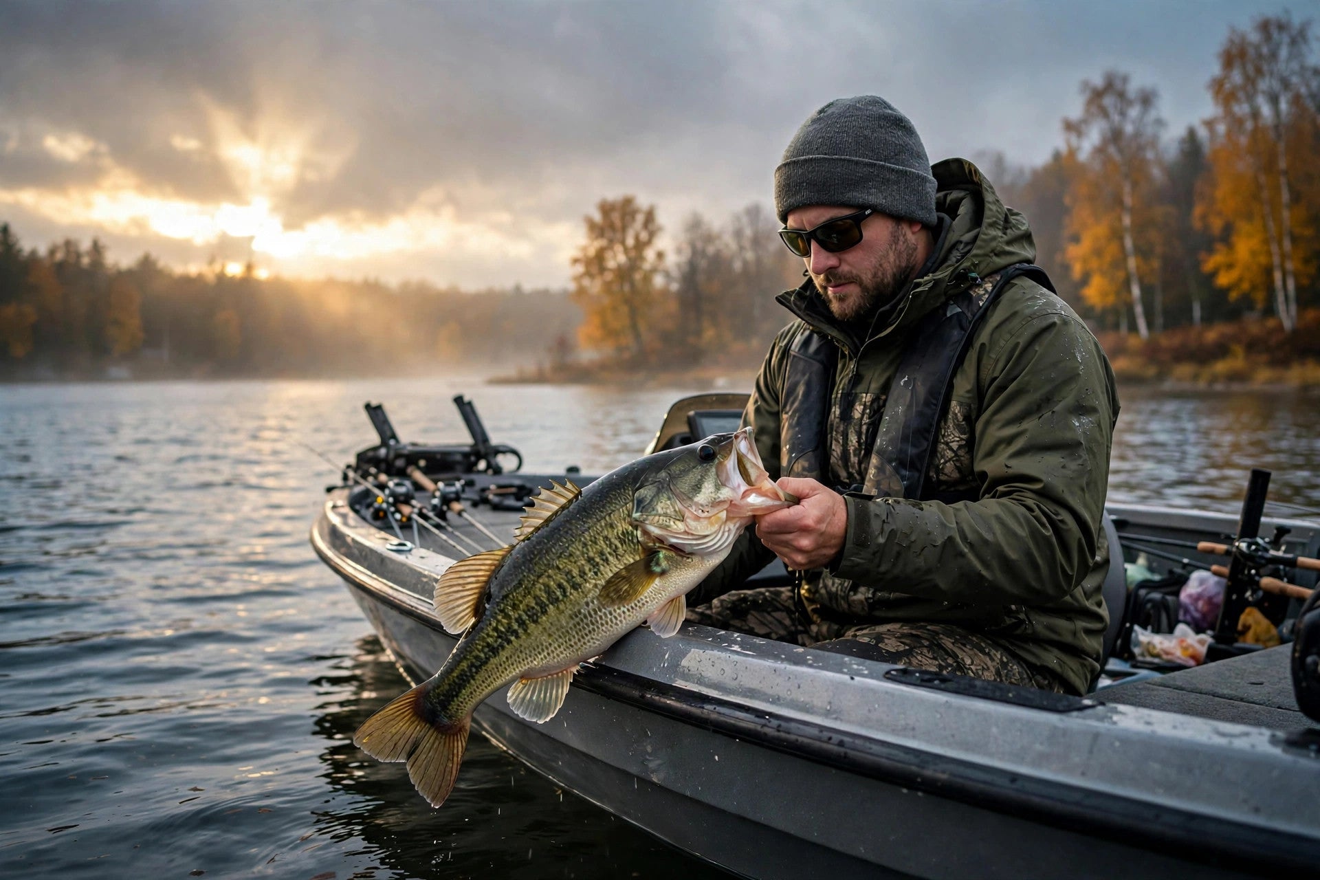 Angler holding a largemouth bass in a boat at golden hour on an autumn Ontario lake