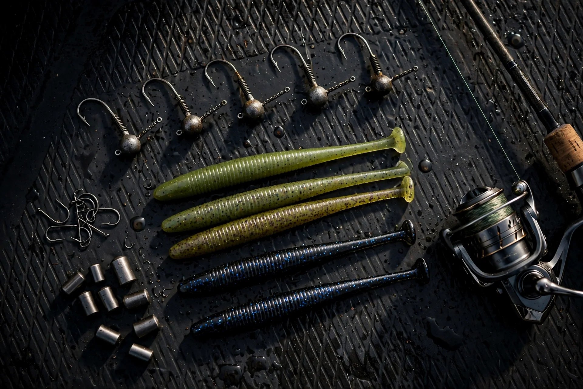 Shaky head jigheads and stick worms laid out on a dark boat deck