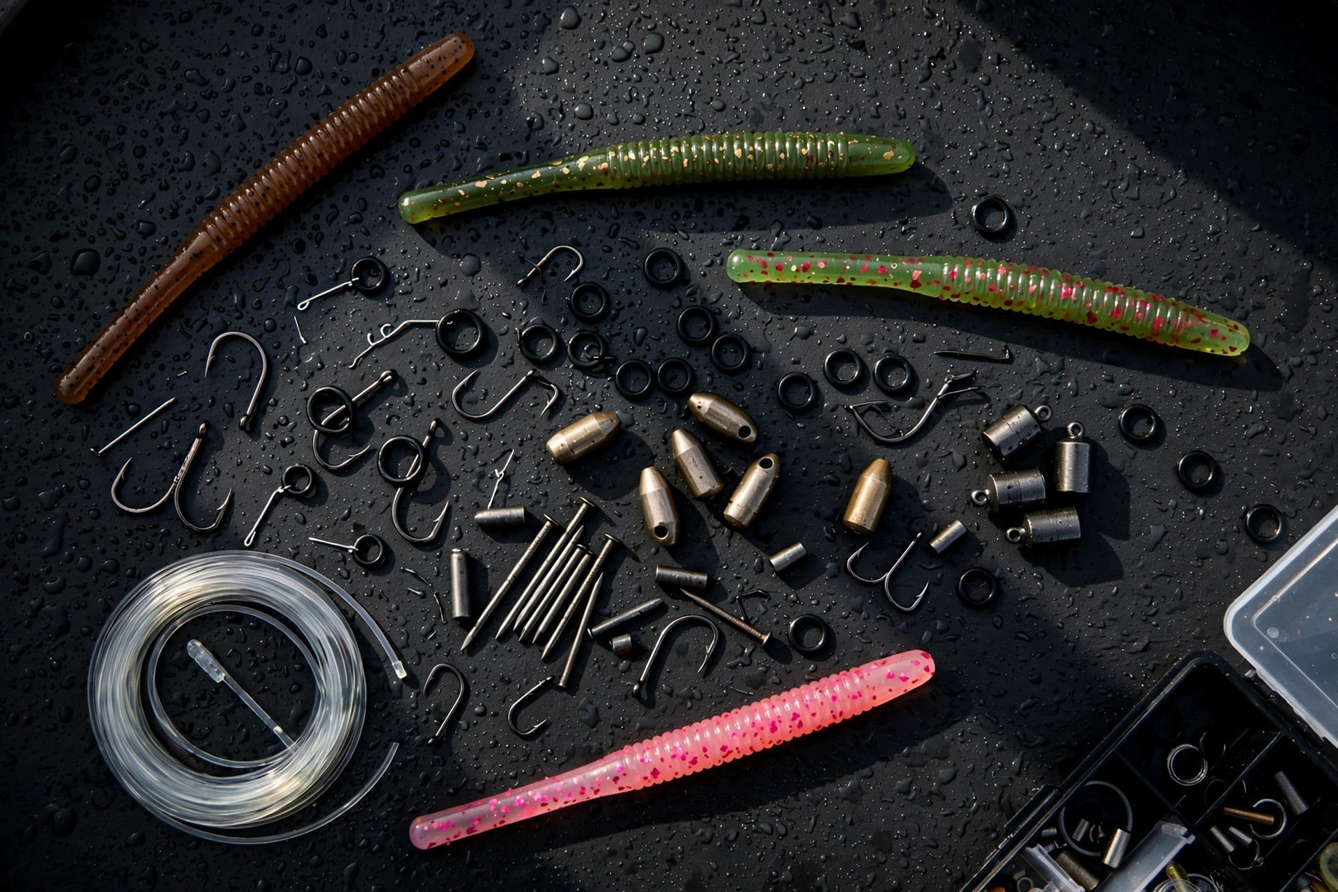 Top-down tackle flat-lay of stick worms, hooks, weights and O-rings on a dark boat deck