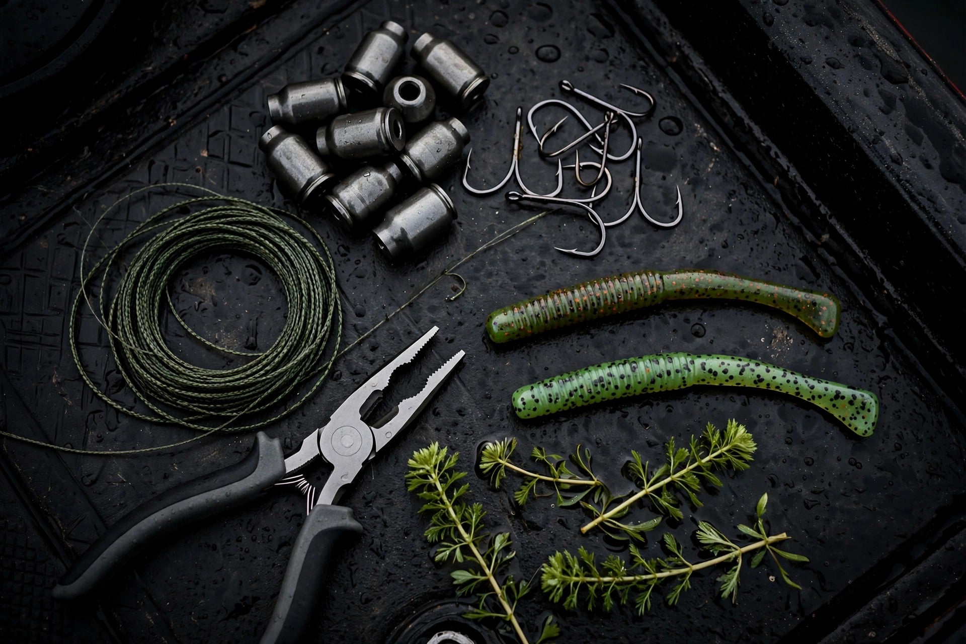 Texas rig tackle flat-lay on a dark boat deck: tungsten bullet weights, wide-gap worm hooks, braided line, pliers, stick worms, and milfoil sprigs