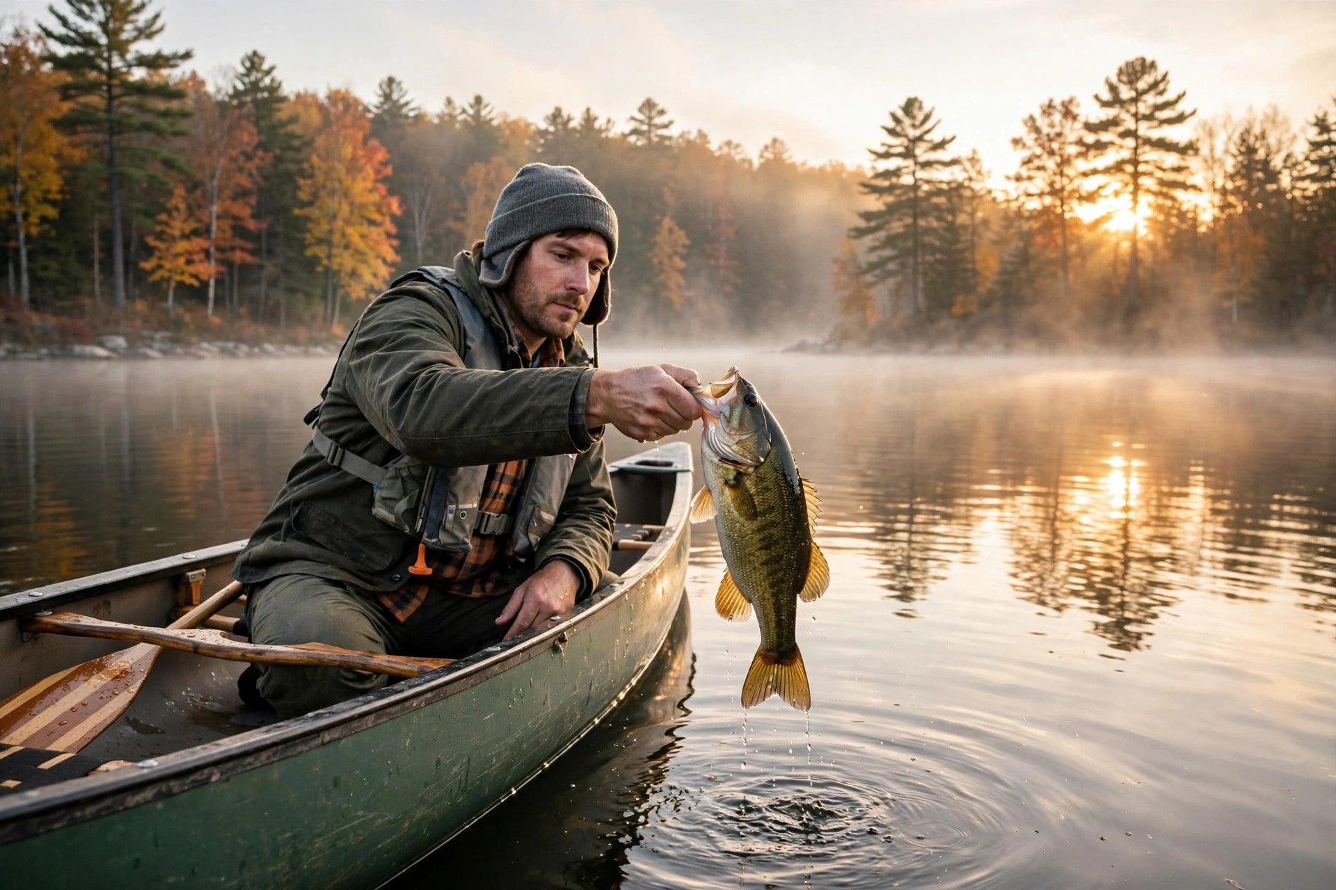 Angler in a canoe holding a smallmouth bass at sunrise on an Ontario lake