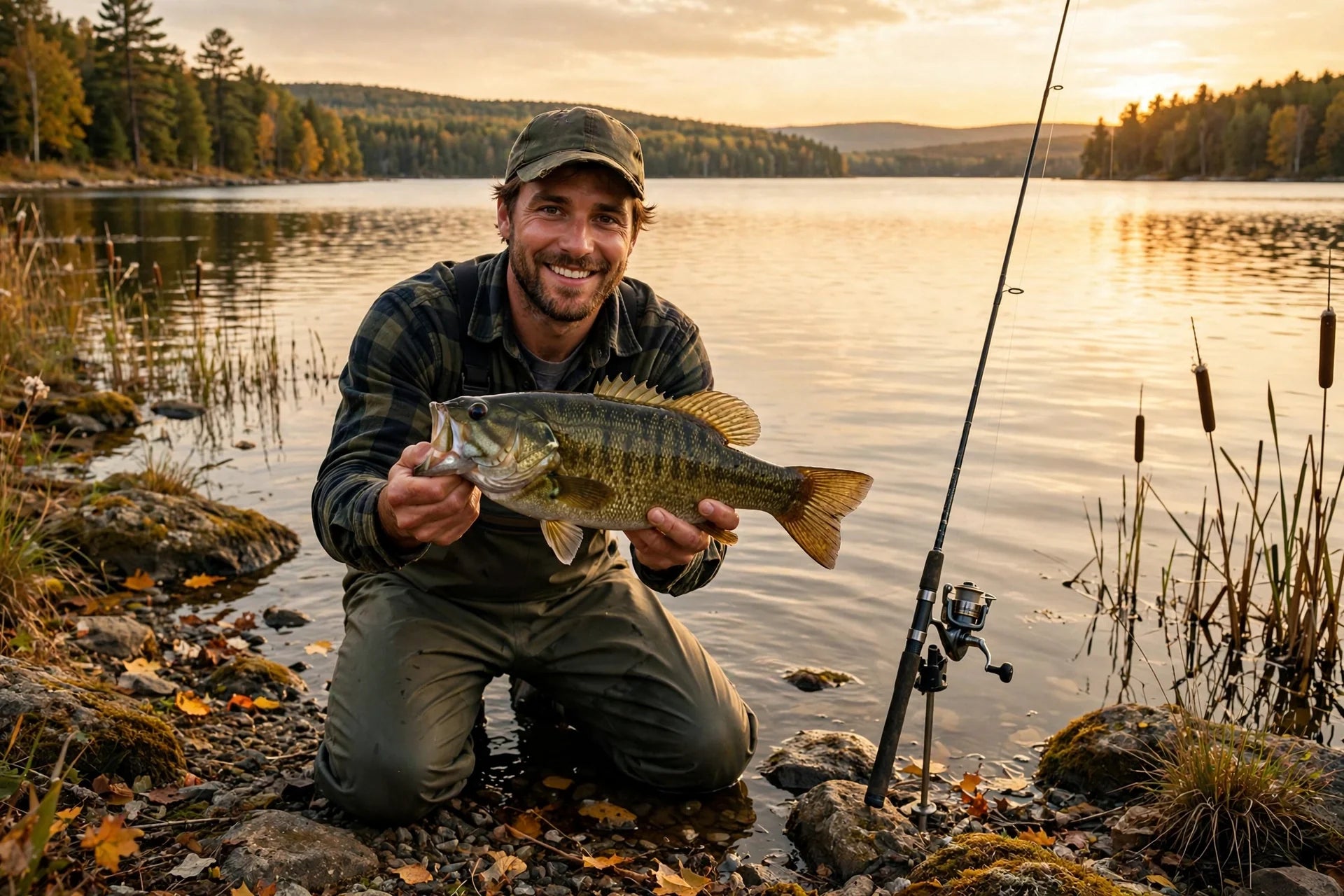 Angler holding a smallmouth bass at sunset on an Ontario lake