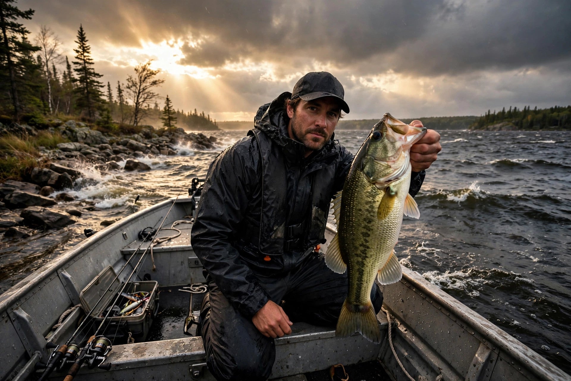 Angler holding a largemouth bass on a wind-blown Ontario lake at golden hour