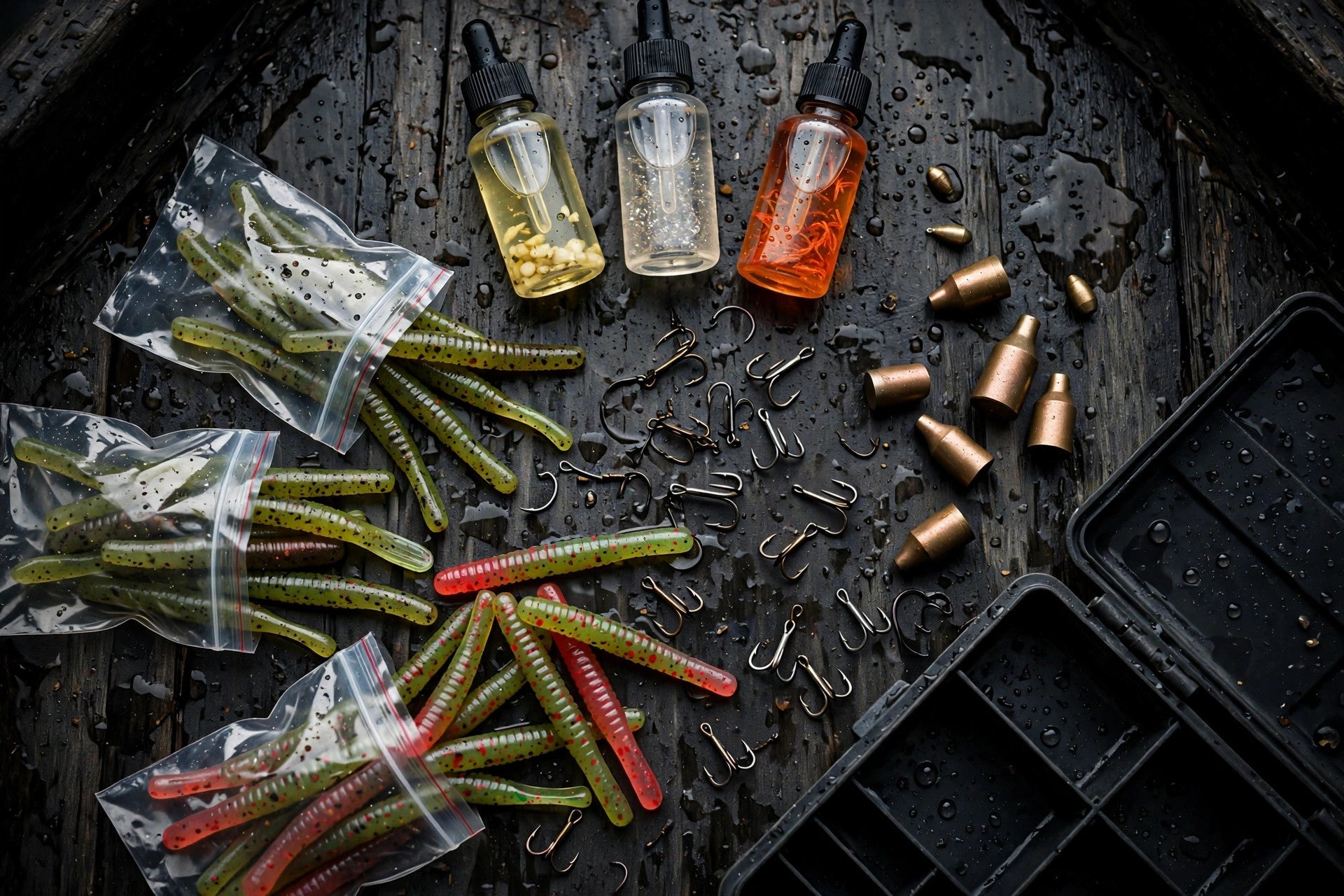 Flat-lay of fish scent attractant bottles, soft plastic stick worms, hooks and weights on a dark wet boat deck