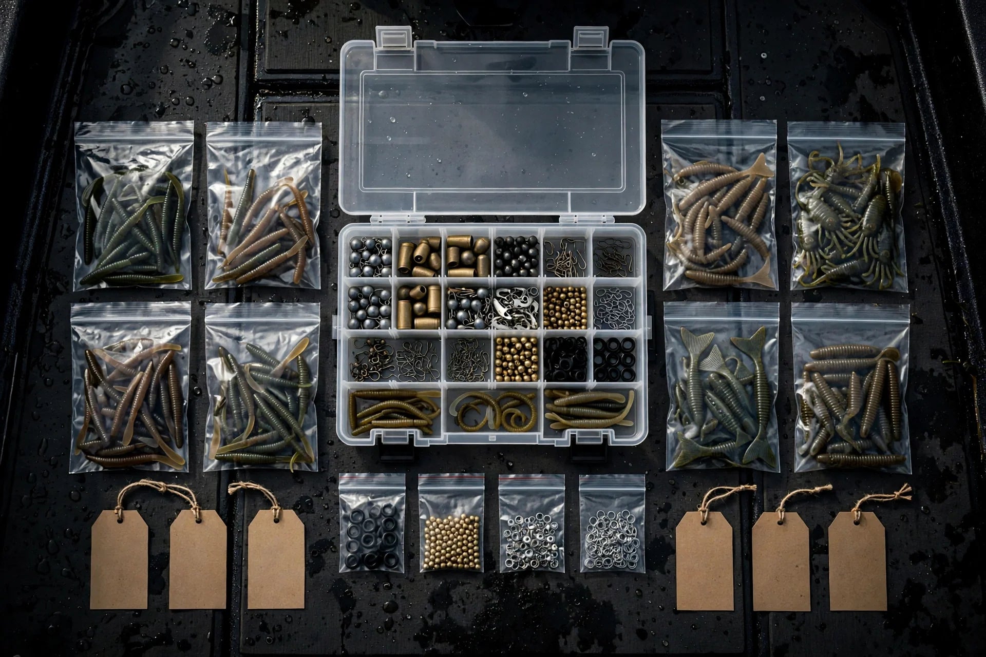 Tackle box and organised soft plastic bait bags laid out on a dark boat deck