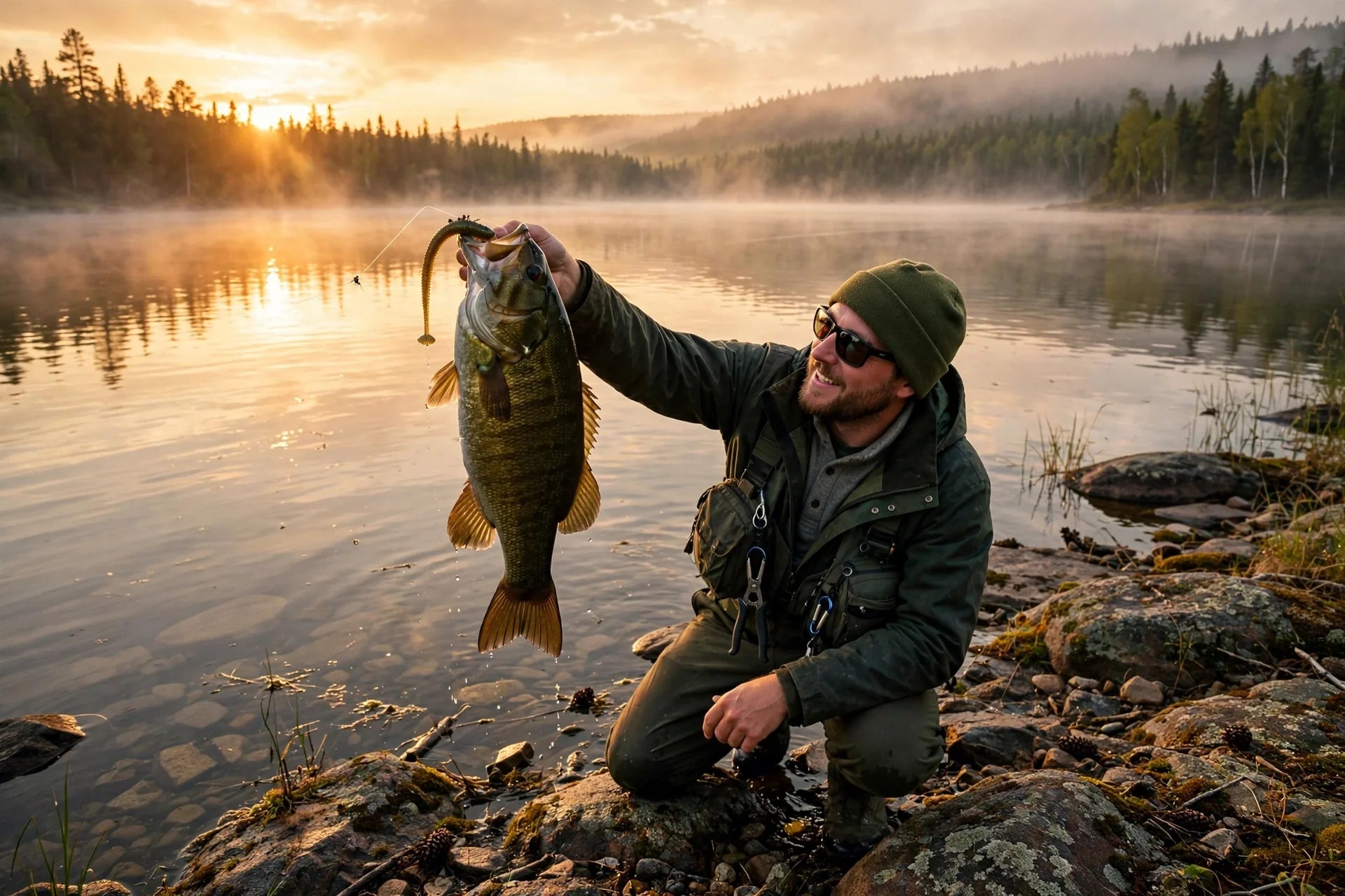 Angler holding a smallmouth bass at golden hour on an Ontario lake