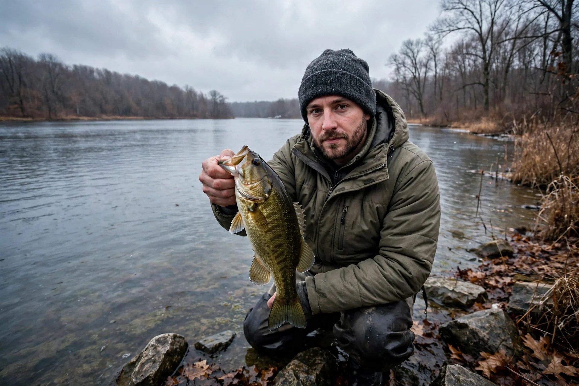 Angler holding a smallmouth bass at a cold Ontario lake in winter