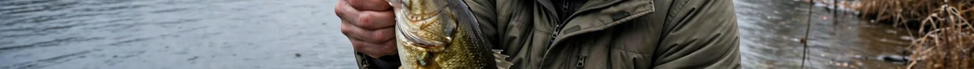 Angler holding a smallmouth bass at a cold Ontario lake in winter