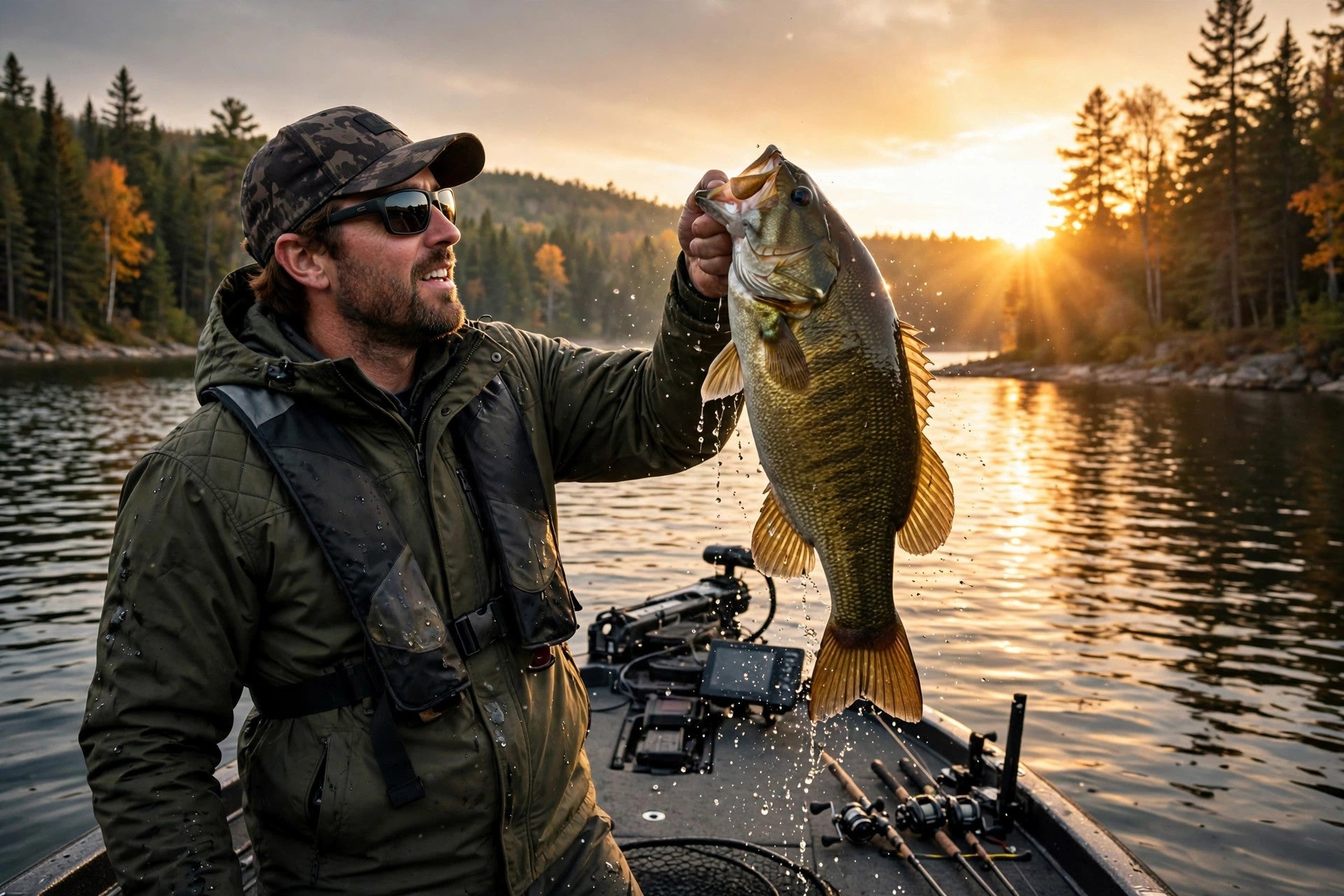 Angler holding a smallmouth bass at golden hour on an Ontario lake